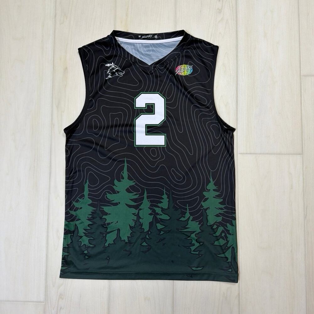Slunks Black Green Topographic Pine Tree Wolf Volleyball Indoor Jersey Size M